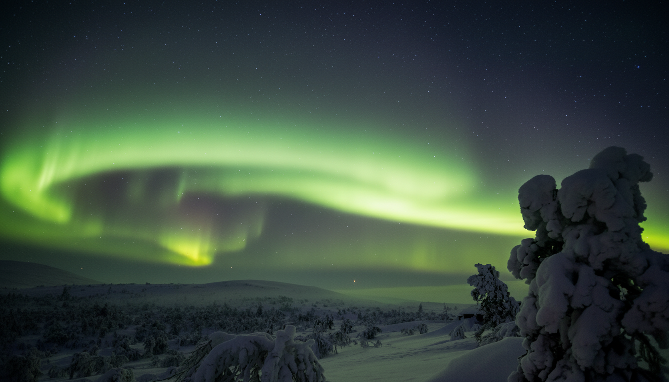 Vihreät revontulet lumisen tunturimetsän yllä